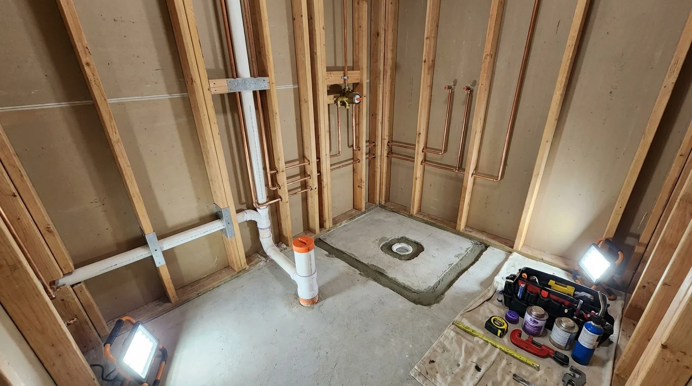 Bathroom rough-in plumbing during remodel by Johns Plumbing LLC in Mount Airy