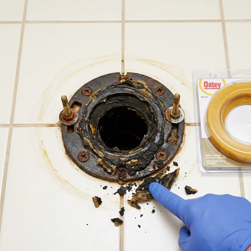 Failed wax ring showing water seepage at the base of a toilet in a Mount Airy, NC home